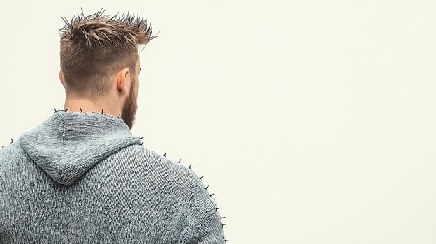 Man with spiky hair wearing a gray hoodie standing against a plain background, conveying solitude photo