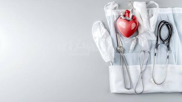 Medical equipment and heart model arranged on a gray background for healthcare concepts photo