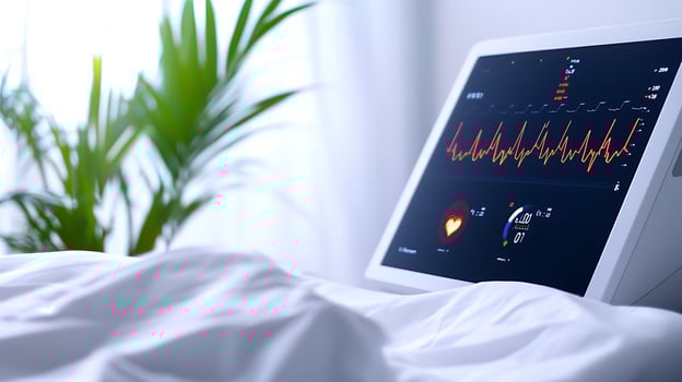 Medical monitor displaying heart rate and vital signs in a serene hospital room with greenery photo