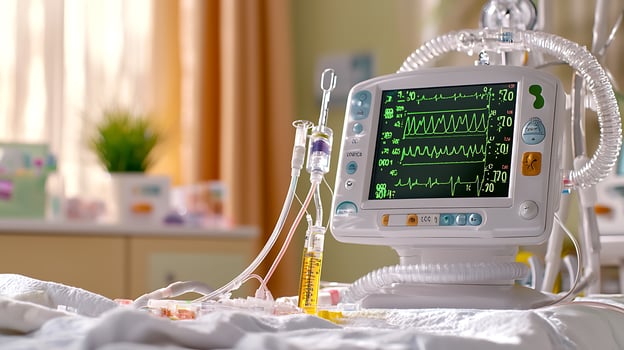 Medical monitoring equipment displaying vital signs in a hospital room with soft lighting photo