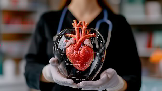 Medical professional holding a transparent model of a human heart in a laboratory setting photo