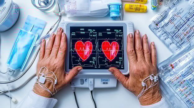 Medical professional examining heart monitor displaying vital signs with medical supplies surrounding photo
