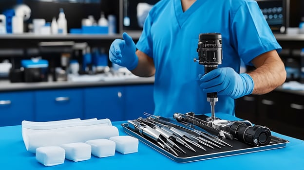 Medical professional in blue scrubs using a drill on surgical instruments in a lab setting photo