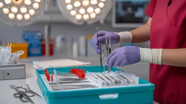 Medical professional organizing surgical instruments in a sterile environment, preparing for surgery photo