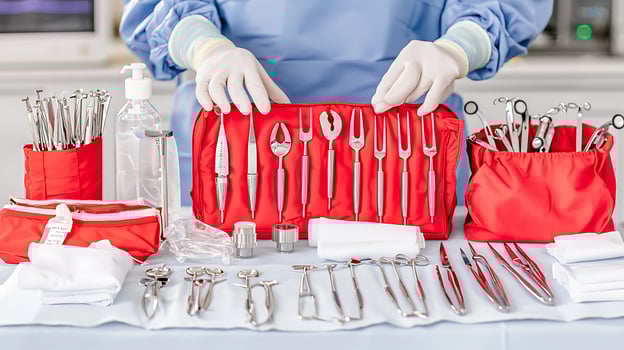 Medical professional organizing surgical instruments on a table in a clean, sterile environment photo
