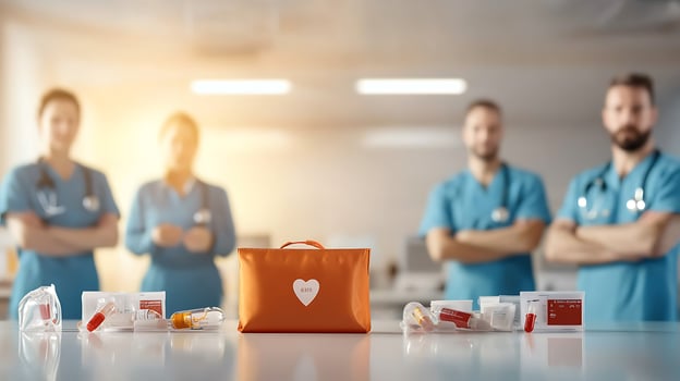 Medical professionals in scrubs stand behind a medical bag filled with supplies in a clinic photo