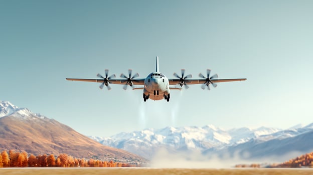 Military aircraft taking off over a scenic mountain landscape during clear weather photo