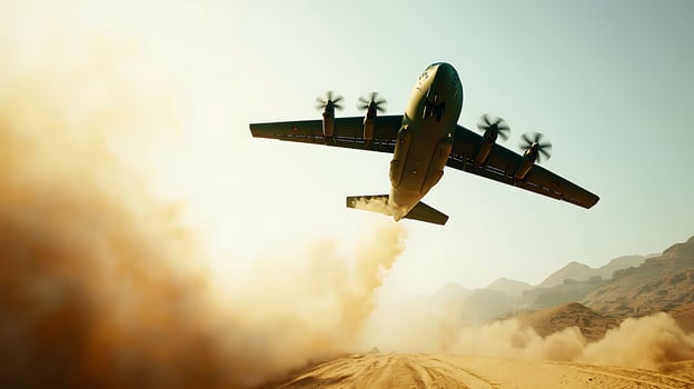 Military aircraft flying low over a dusty desert landscape with mountains in the background photo