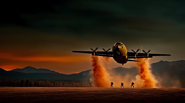 Military aircraft taking off at sunset with soldiers on the ground in a dramatic landscape photo