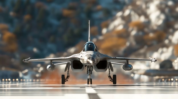 Military jet preparing for takeoff on a runway with mountainous landscape in the background photo