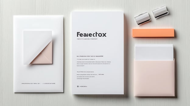 Minimalist stationery setup featuring a letterhead, envelope, and accessories on a light background photo