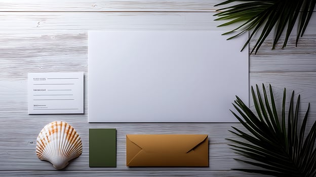 Minimalist stationery arrangement on wooden surface with natural elements and sea shell photo