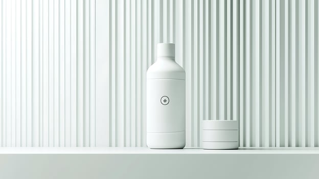 Minimalist white shampoo bottle and container on a sleek shelf against a textured background photo
