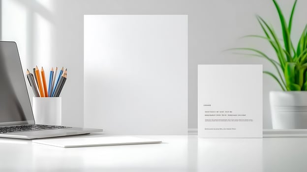 Minimalist workspace featuring a laptop, stationery, and potted plant in a bright environment photo