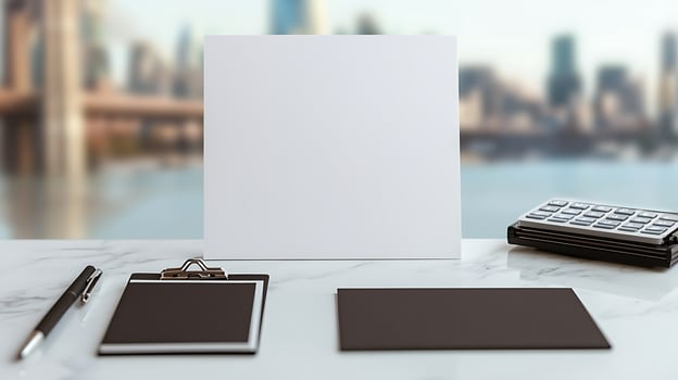 Minimalist workspace featuring blank stationery, a pen, and a calculator with a city skyline backdrop photo