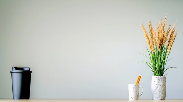 Minimalist workspace with a black trash can, a white mug with pencils, and a decorative plant photo
