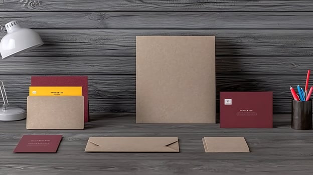 Minimalist workspace featuring assorted envelopes and stationery on a wooden desk photo