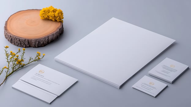 Minimalistic stationery layout on wooden surface with flowers and blank paper for branding photo