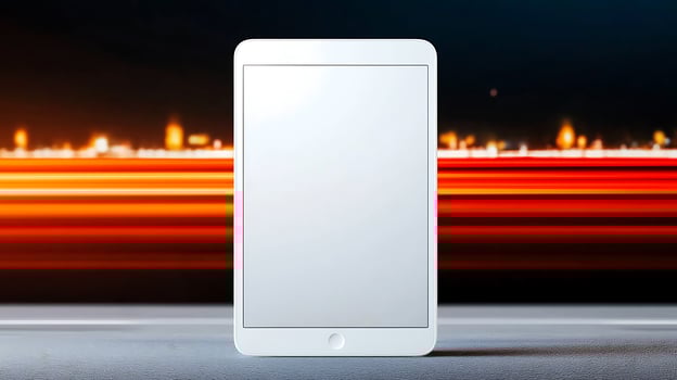 Minimalistic tablet mockup with a blurred cityscape background showcasing vibrant light trails photo