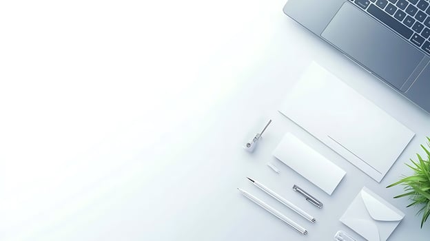 Minimalistic workspace with stationery, laptop, and plant, ideal for productivity and organization photo