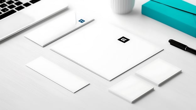 Minimalistic workspace featuring stationery and a laptop on a clean desk with a cup photo