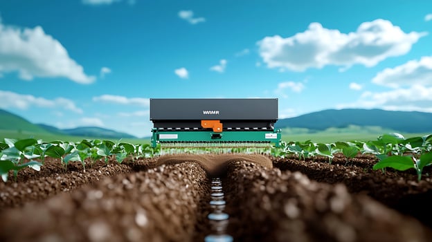 Modern agricultural machinery operating in a lush green field under a clear blue sky photo