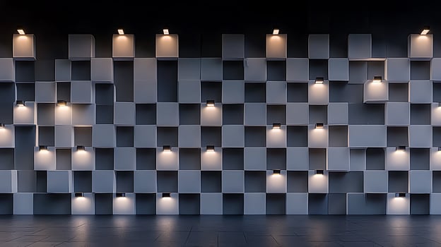 Modern architectural feature wall with illuminated cubes creating a stylish atmosphere photo