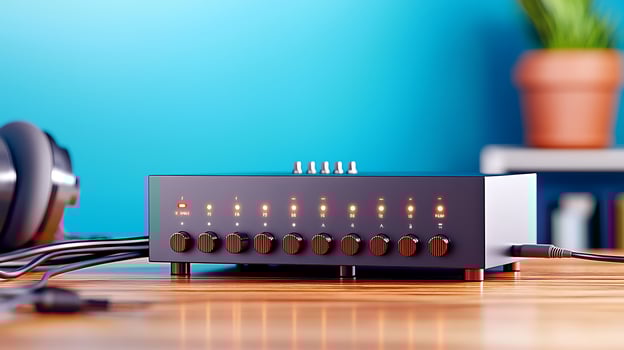 Modern audio amplifier on a wooden desk with headphones and vibrant blue background photo