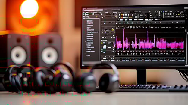 Modern audio editing setup featuring headphones, computer screen with sound waves, and speakers photo