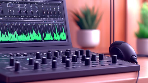 Modern audio mixing console with sound wave display in a cozy studio environment photo