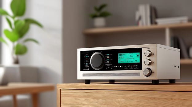 Modern audio receiver on wooden cabinet, bright living room with plants and shelves photo