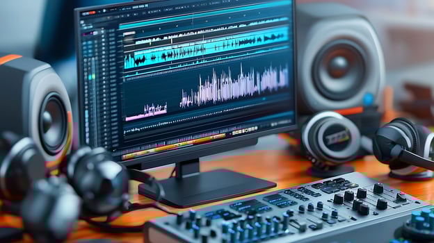 Modern audio production setup featuring computer screen, mixers, and headphones in a vibrant studio photo