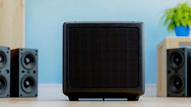 Modern audio setup featuring a stylish speaker in a cozy room with plants and decor photo