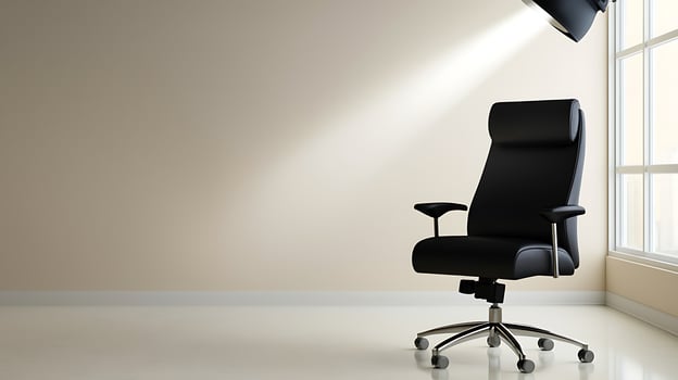 Modern black office chair illuminated by soft light in a minimalist workspace with window photo