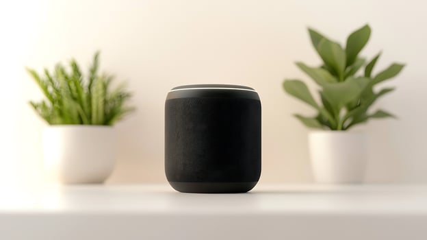 Modern black smart speaker on a white table with green plants in the background photo