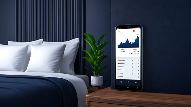 Modern bedroom with smartphone displaying stock market data beside a stylish plant and bedding photo