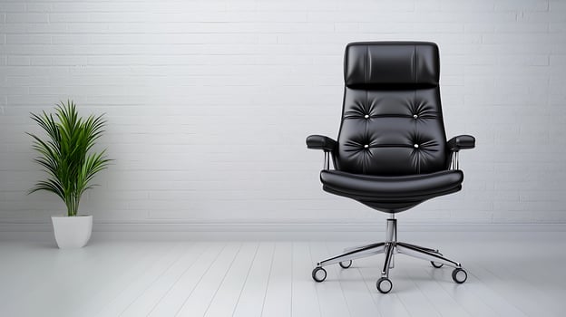Modern black office chair in minimalist room with potted plant and white brick wall background photo