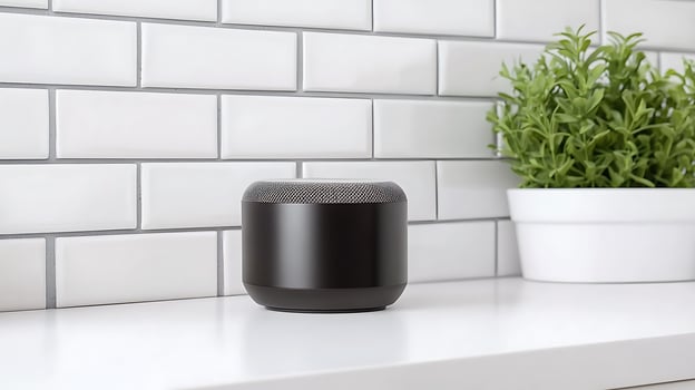 Modern black smart speaker on a white countertop with green plant and tiled wall background photo