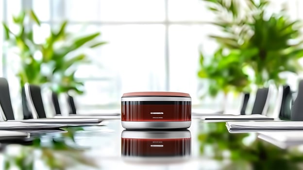 Modern conference room featuring a sleek device on a reflective table with greenery outside photo