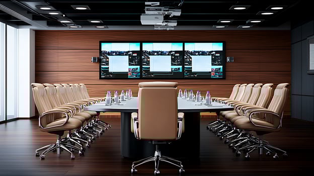 Modern conference room featuring a large oval table, high-backed chairs, and multiple screens displaying data photo
