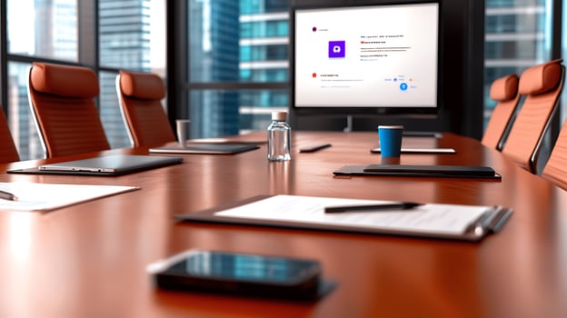 Modern conference room with a large screen displaying a presentation, surrounded by laptops and stationery photo