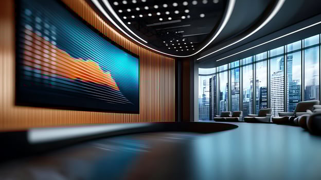 Modern conference room with a large screen displaying data trends and city skyline view photo