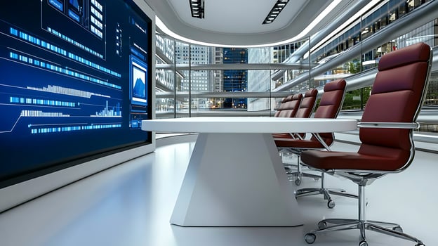 Modern conference room with sleek design, digital display, and cityscape view in the background photo