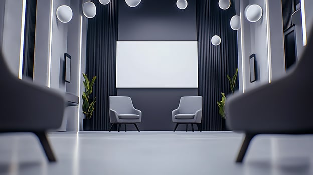 Modern conference room with two chairs, projector screen, and ambient lighting for presentations photo