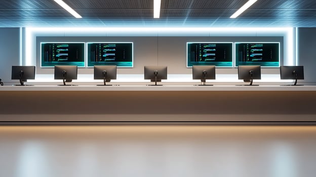 Modern control room with multiple screens displaying data, sleek design, and minimalistic environment photo