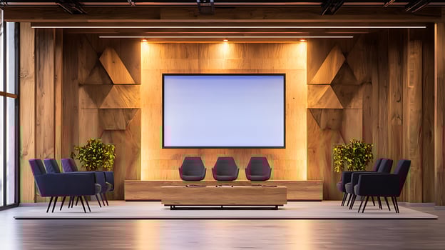 Modern conference room with wooden accents, comfortable seating, and a large screen for presentations photo