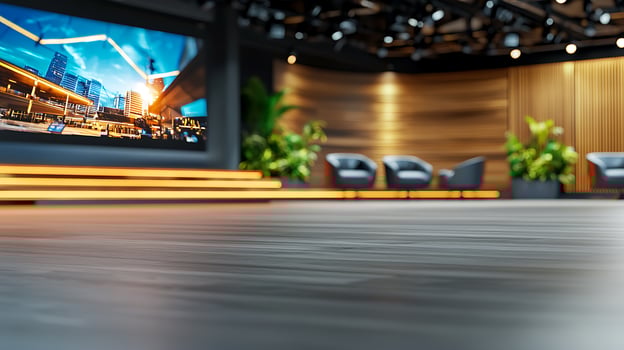 Modern conference stage with sleek design, urban backdrop, and vibrant lighting for presentations photo