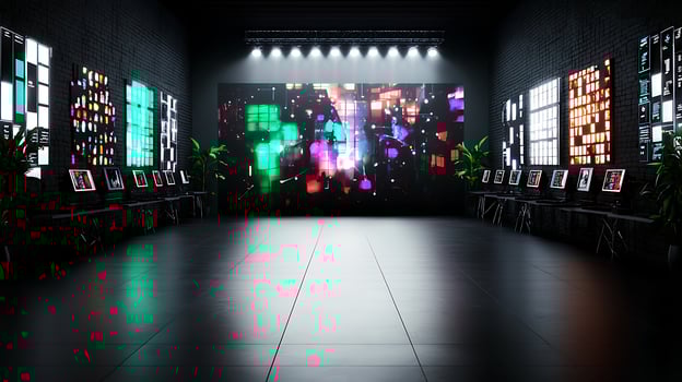 Modern digital art gallery showcasing vibrant light displays and interactive screens photo