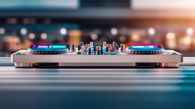 Modern DJ equipment on a sleek surface with blurred city lights in the background photo