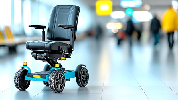 Modern electric wheelchair in an airport terminal with blurred travelers in the background photo